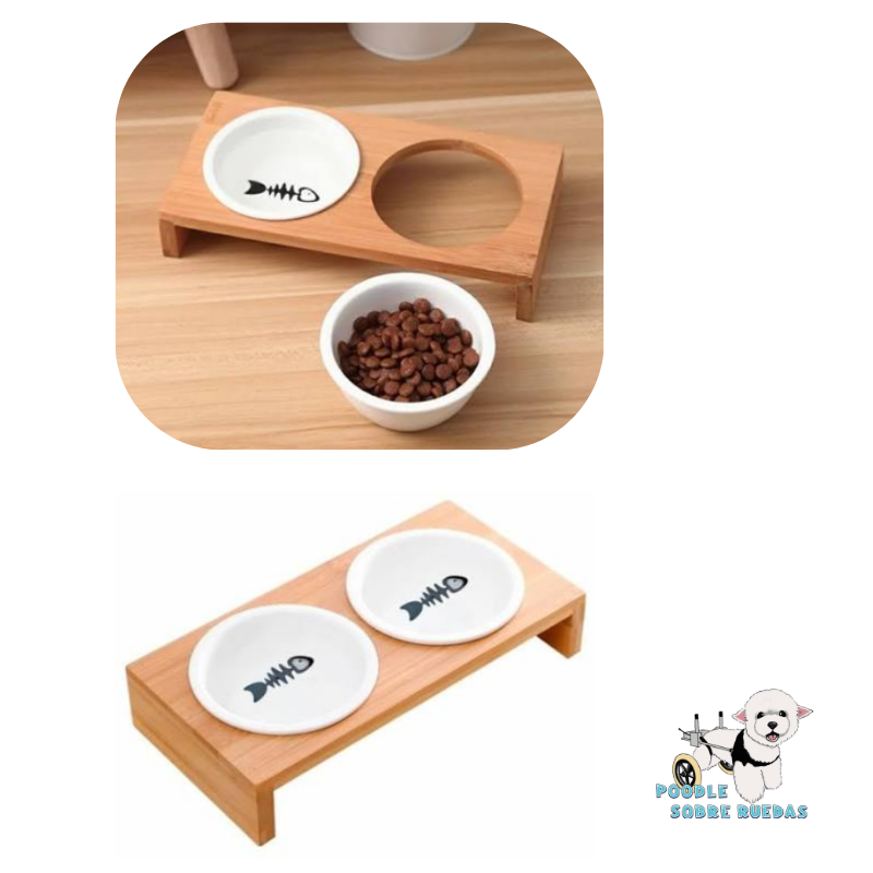 Platos De Cerámica Doble Con Base De Bamboo Gato 1 Unidad