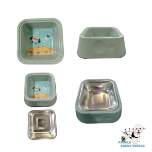 Plato Acero Inoxidable Con Base De Bamboo Color Verde Perro 1 Unidad